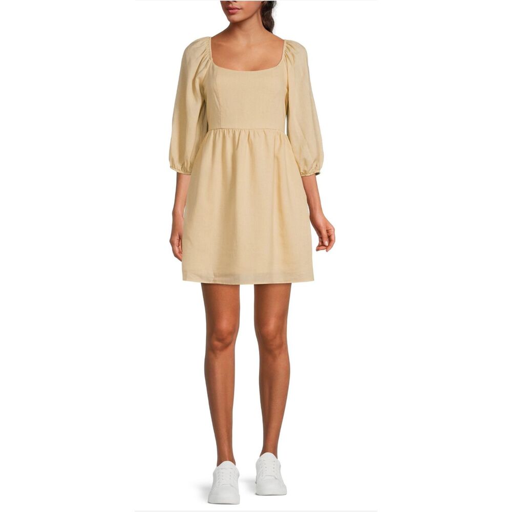 Every Womens Size S NWT Tan Linen Ramie Babydoll Puff Sleeve Mini Dress Peasant